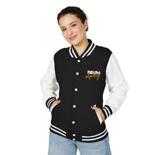 Load image into Gallery viewer, Red &amp; White Letterman Jacket with 'Stay Cozy' Script Chest Embroidery
