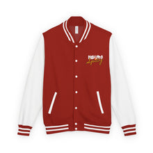 Load image into Gallery viewer, Red &amp; White Letterman Jacket with 'Stay Cozy' Script Chest Embroidery
