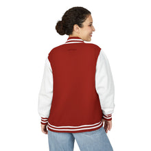 Load image into Gallery viewer, Red &amp; White Letterman Jacket with 'Stay Cozy' Script Chest Embroidery
