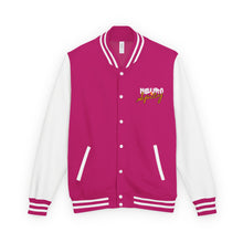 Load image into Gallery viewer, Red &amp; White Letterman Jacket with 'Stay Cozy' Script Chest Embroidery
