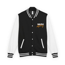 Load image into Gallery viewer, Red &amp; White Letterman Jacket with 'Stay Cozy' Script Chest Embroidery
