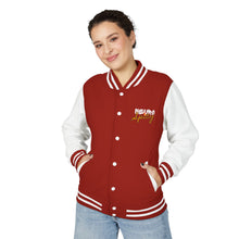 Load image into Gallery viewer, Red &amp; White Letterman Jacket with 'Stay Cozy' Script Chest Embroidery

